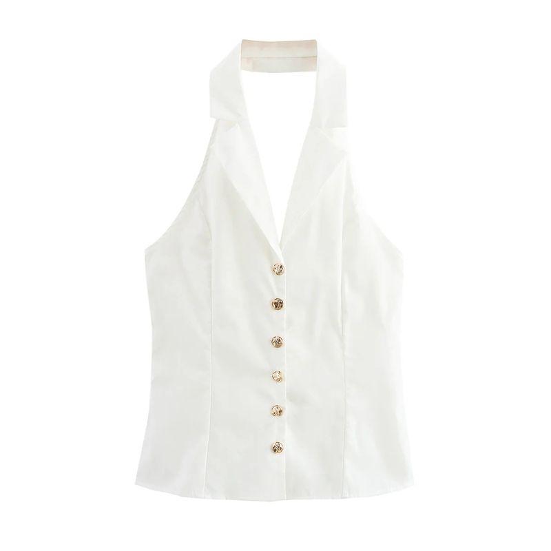 

Spring New Women s Clothing French Simplicity Style All-Matching Suit Collar Sleeveless Halter Short Vest Style Tops White L