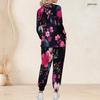 Women Plus Size Black Pink Floral Printed Nurse Scrub Set V Neck Long Sleeve Pockets Top Long Pants