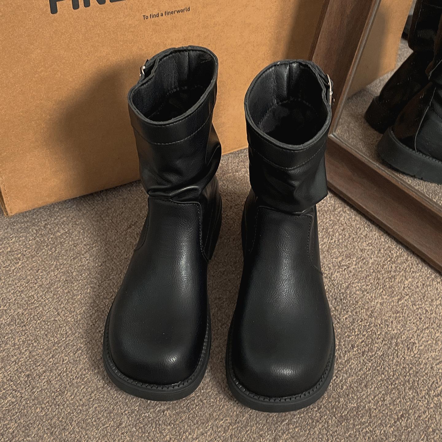 

Fashion Pleated Buckle Ankle Boots for Women 2025 Autumn Solid Color PU Leather Short Boas Woman Slip-On Thick Low Heel Women s Shoes 40 чёрный