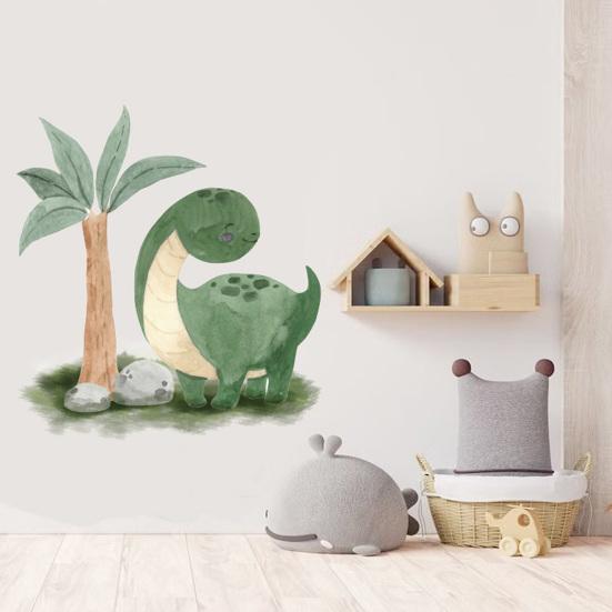Cute Dinosaur Wall Sticker Cartoon Dino Tropical Palm Tree Wall Decals Peel And Stick Dino Wall Art for Kids Boys Nursery Bedroom Playroom Classroom