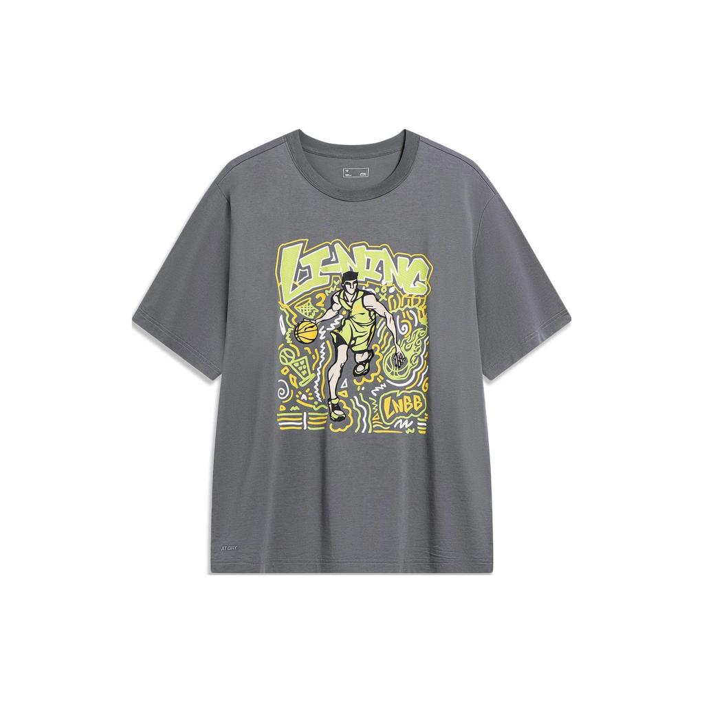 Li Ning Sports Life Collection T Shirts Men's Lead Gray Crew Neck Moderate Straight Fit AHST569-3