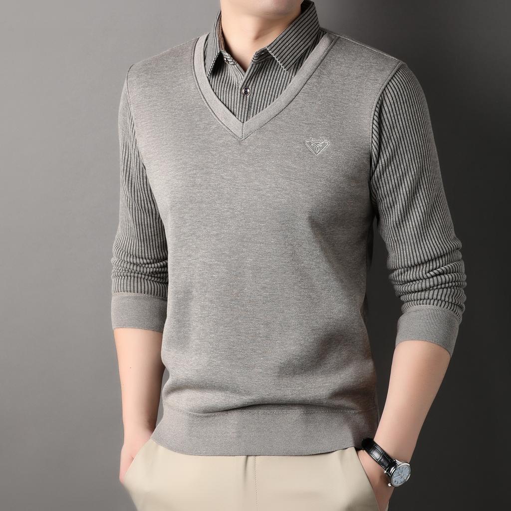 Male Autumn Knit Pullover Polo Shirts Shirt Collar Sweater Pullovers Men'S Business Casual Fashion Stripe Top Clothing