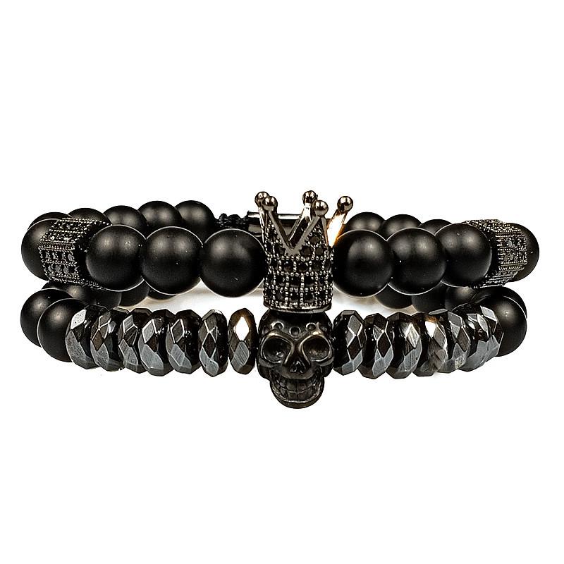 Men's Black Matte Skull Bracelet Set with Zirconia Crown Beads