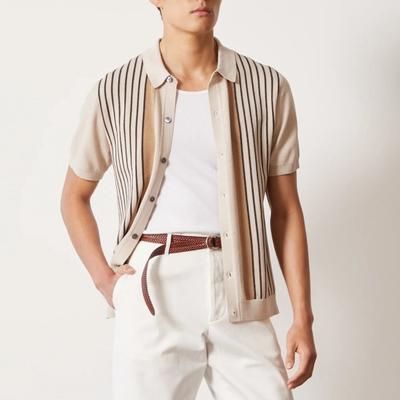 Men Shirt Lapel Striped Single-breasted Loose Short Matching Sleeves Color Cardigan Knitted Stretchy Mid Length Formal Business Top