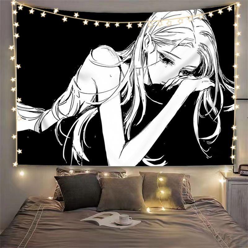Monochrome Anime Girl Tapestry Dark Sketch Portrait Backdrop, Minimalist Fabric Wall Hanging for Teen Bedroom Dorm Decor
