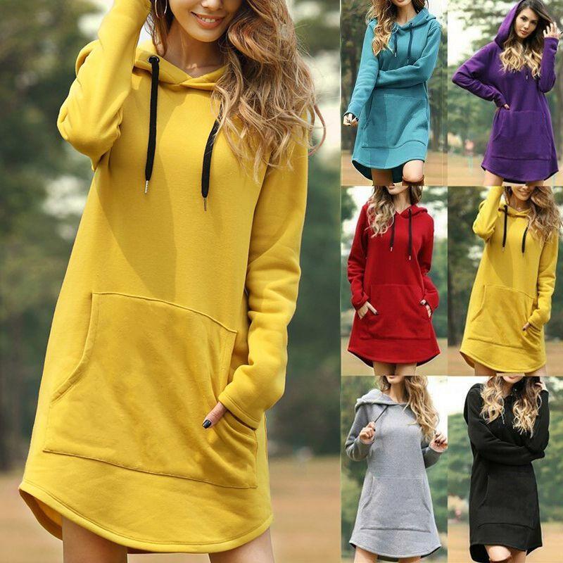 Cozy Womens Winter Long Sleeve Tunic Tops Pullover Hoodie Dress In Six Colors