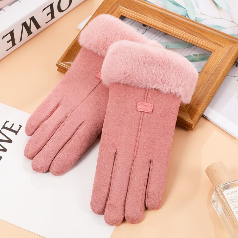 Autumn and winter suede gloves women's warm touch screen gloves imitation Rex rabbit hair mouth piled thickened cold-proof gloves