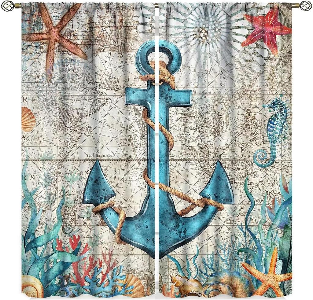Octopus Curtains Ocean Animal Coral Nautical Map Starfish Sealifes Beach Theme Pattern Window Drapes Bedroom Kitch Curtain For Sleeping Area Polyester