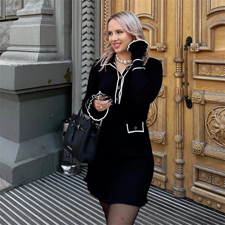 

Европейское и американское роскошное трикотажное миди-платье-свитер с оборками и лацканом - Осень/Зима 2025 Medium