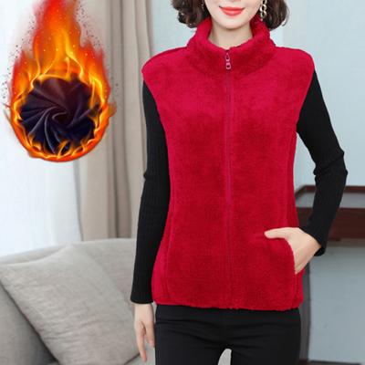 Women Autumn Winter Solid Color Plush Waistcoat Stand Collar Sleeveless Pockets Zipper Placket Thickened Double Sides Fleece Vest Coat