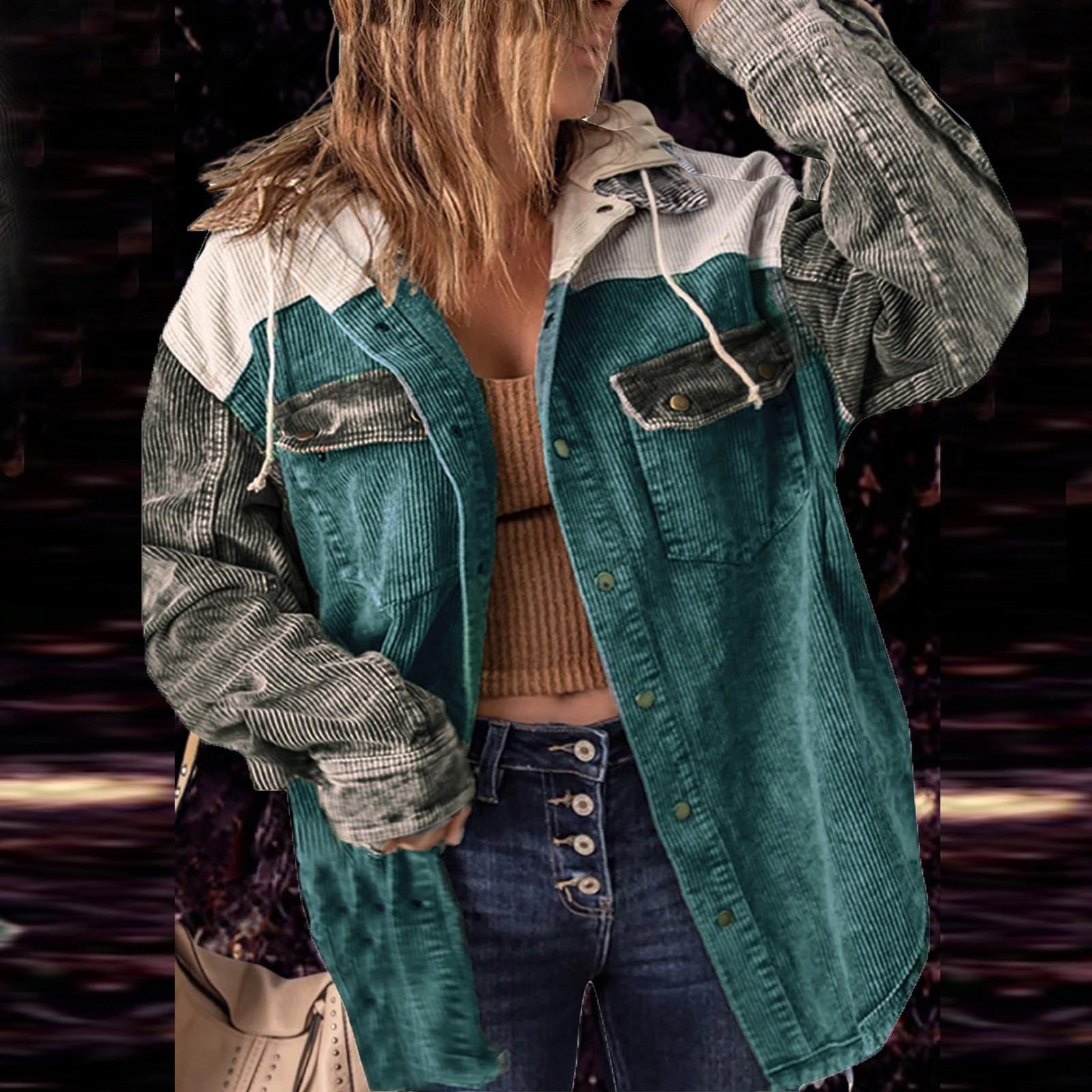 

Женская осенняя вельветовая куртка с капюшоном и длинными рукавами с пряжкой и капюшоном с карманом XL синий