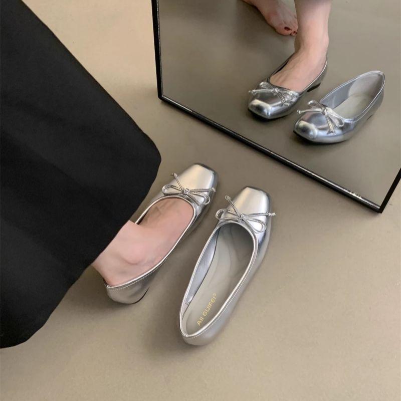 Spring French retro bow shallow mouth versatile single shoes women's new flat bottom square head beanie shoes