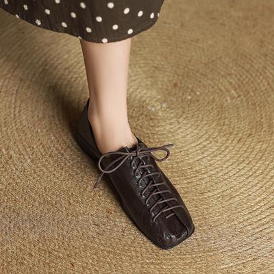 Fashion Size 34-40 Retro Low Heel Shoes for Women Real Leather Lace-Up Low Heels Shoes Vintage Spring 2025 New Office Lady Daily Dress