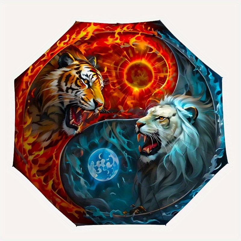 1pc Tiger Yin Yang of Fire and Ice Durable Cartoon Folding Umbrella, Portable 3-Fold Compact Umbrella for Men and Women, Suitable for Travel or D