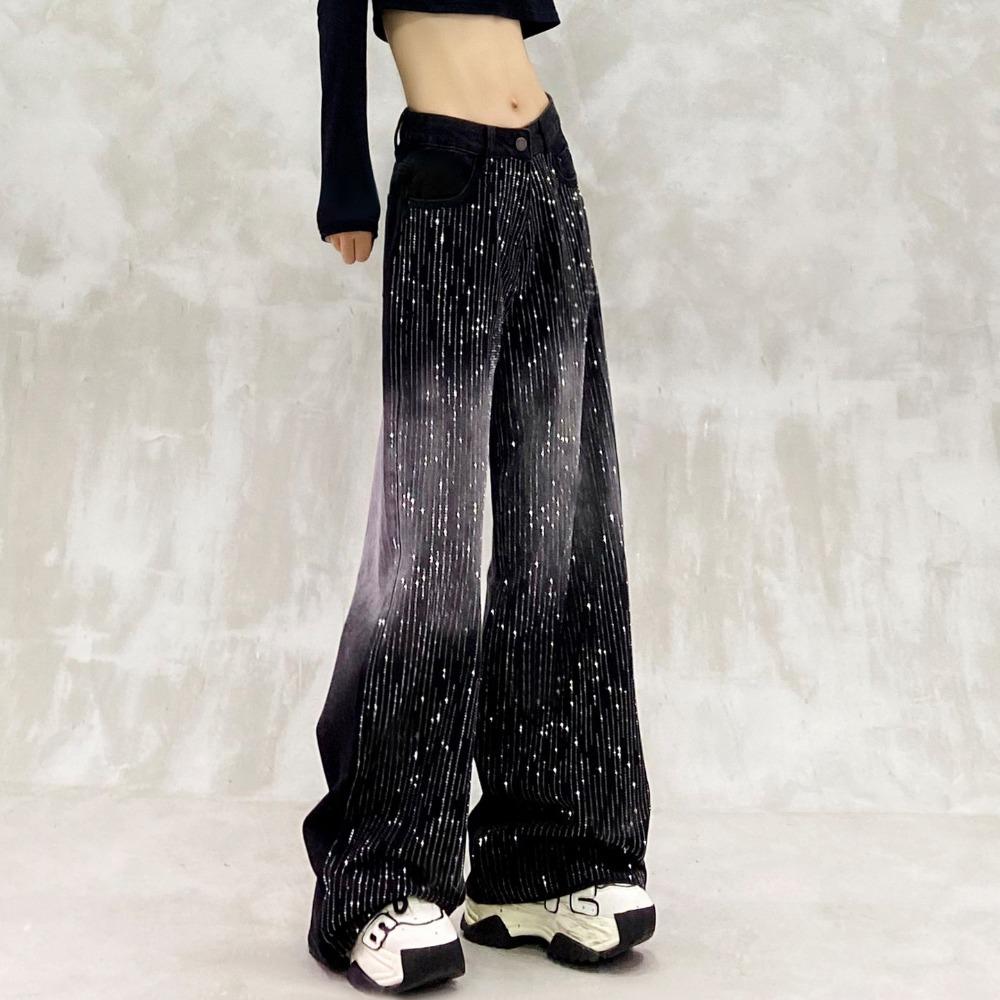 Women's High Waist Wide Leg Jeans Loose Gradient Rhinestone Shiny Straight Denim Pants