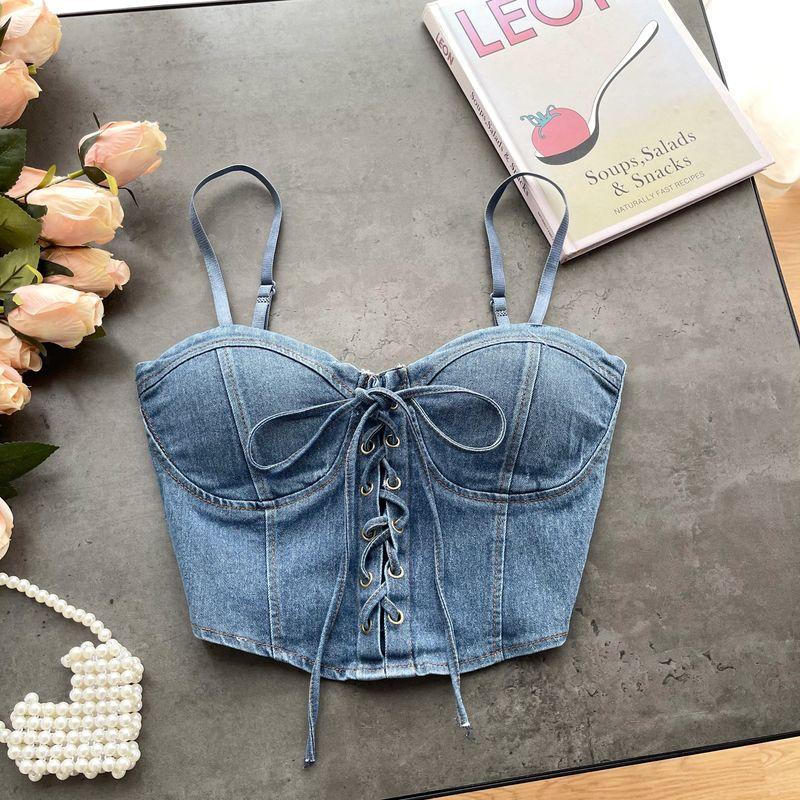 Pure Desire Sexy Denim Camisole Female Sexy with Breast Pad Slim-Fit All-Matching Short Beauty Back Chic Tied Top