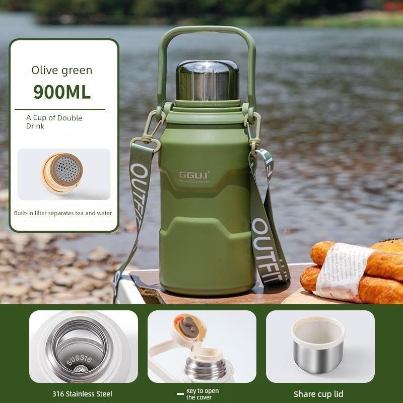

Large-Capacity Thermos Bottle, Insulated Water Bottle with 316 Stainless Steel Inner Liner, Suitable for Outdoor Use, for Men, Women, and Students Olive Green 900ml [Including Handle + Cup Strap]