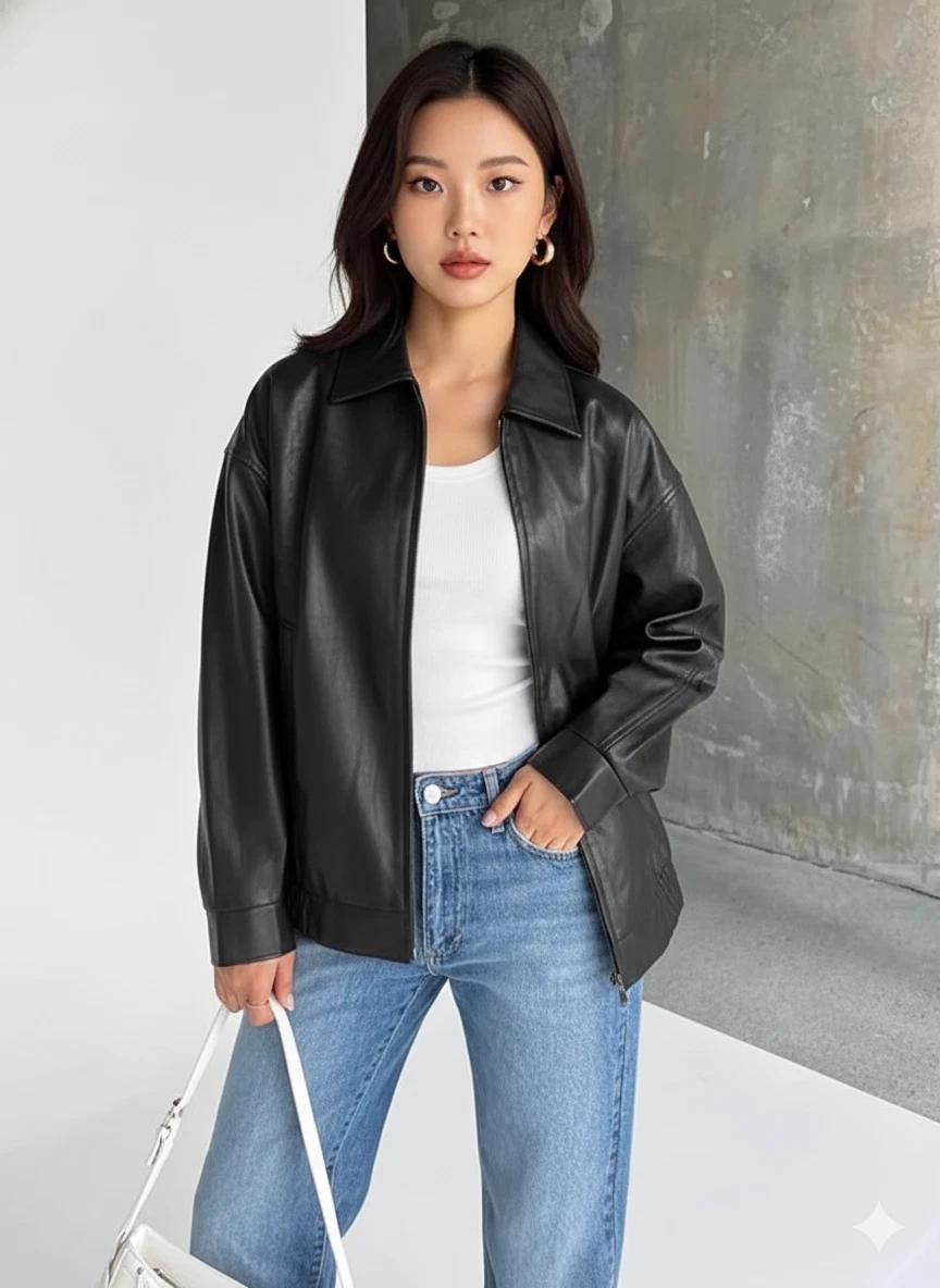 

Повсякденна шкіряна жіноча куртка-бомбер Прямого крою Натуральна Ручна робота Чорна Стильна Натуральна шкіра ягняти S чорний