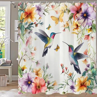 1pc Watercolor Flowers and Birds Shower Curtain,Floral Bathroom Curtain,Home Polyester Decoration Curtain With Hooks