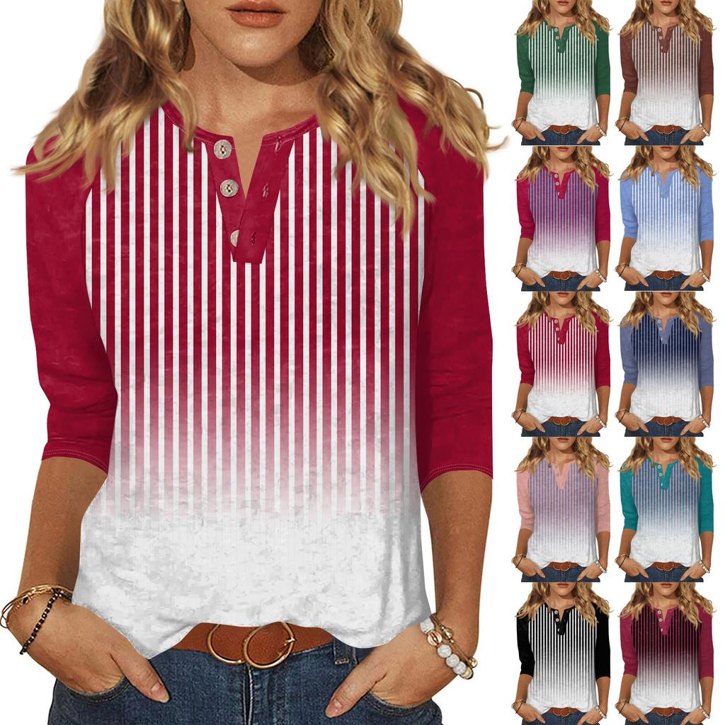 Dámské tričko s potiskem, knoflíky, 3/4 rukávy, pro každý den, na víkend, módní, základní, s výstřihem do V, běžný top