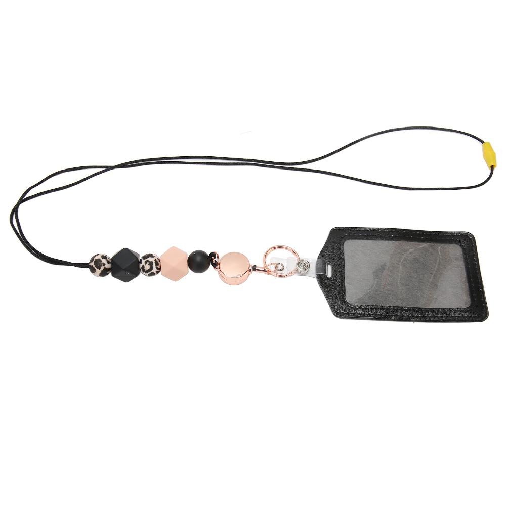 Retractable Silicone Beaded Lanyard with Transparent ID Holder PU Material Badge Holder with Lanyard Silicone Beaded