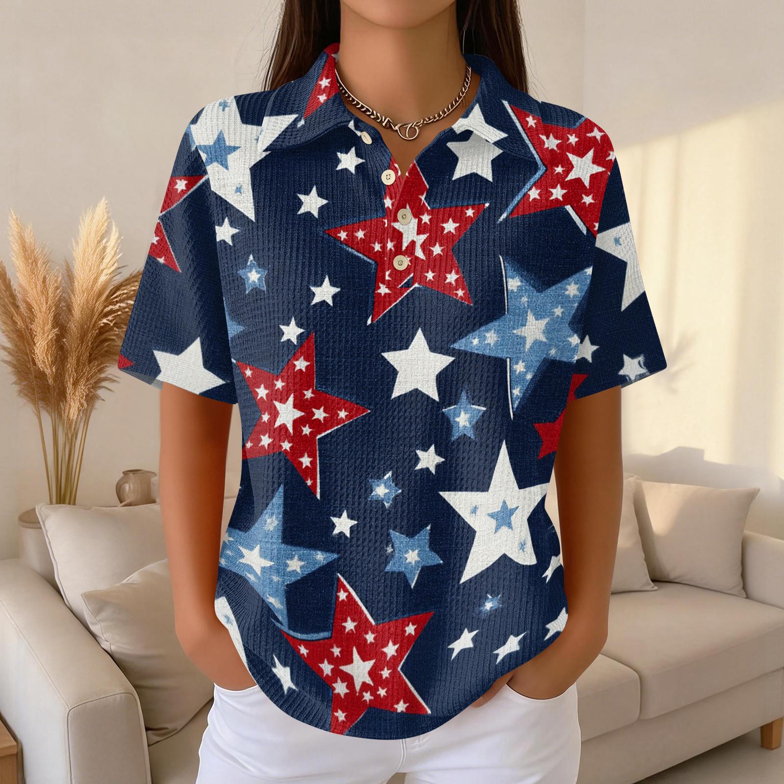 

Women s Fashion Casual Short Sleeve Waffle Knit Polo Shirt with Independence Day Print and Relaxed Fit for Everyday Wear XXXL
