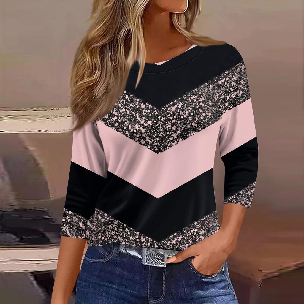 Women's Fashionable Casual Round Neck T-Shirt With Striped Patchwork Print And Three-Quarter Sleeves
