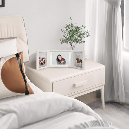 Afuly Photo Frame, Postcard Size, 2L, 3-Panel, Stylish Folding Photo Frame, Tabletop/Wall-Mountable, Wood Grain Finish, White, Perfect Gift for Weddin