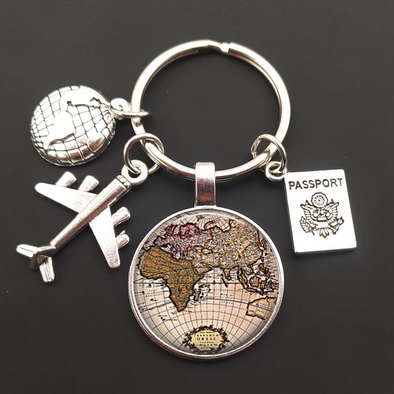 

World Map Keychain Travel Exploring Glass Dome Cabachon Aircraft Charm Pendant Keychain Men s and Women s Gift Jewelry Keychain.