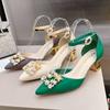Fashion Bling Crystal High Heels Pumps Women Elegant Pearl Buckle Square Heels Wedding Party Shoes Ladies Pointed Toe Ankle Strap Pumps