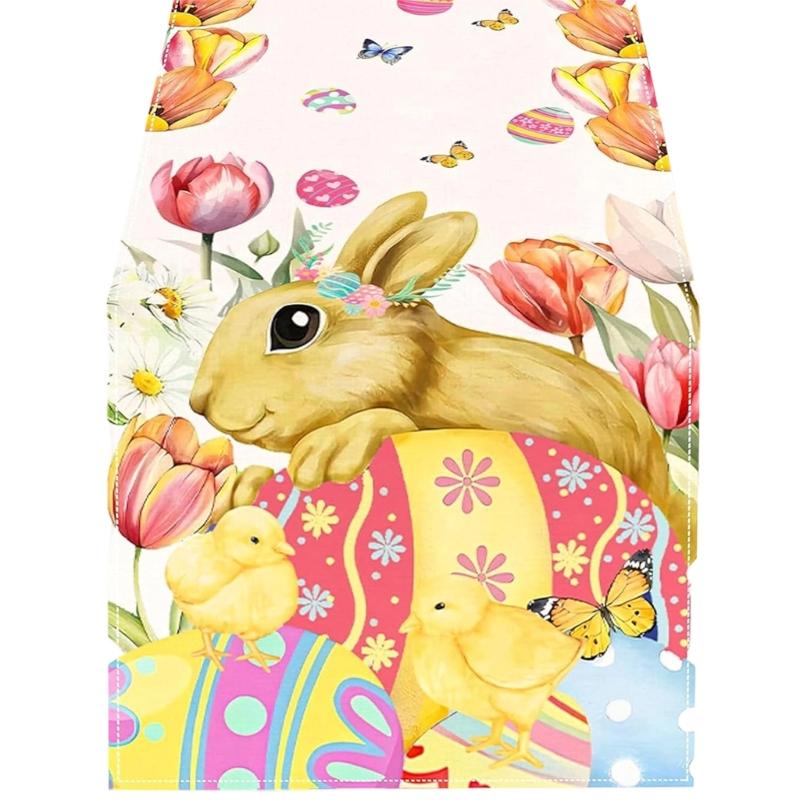 Linen Table Scarf Easter Rabbit Eggs Pattern Rectangular Washable Table Runner For Spring Decorations And Home Styling