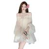 Gentle wind French bow one-word shoulder dress women's spring new temperament age-reducing loose and thin short skirt