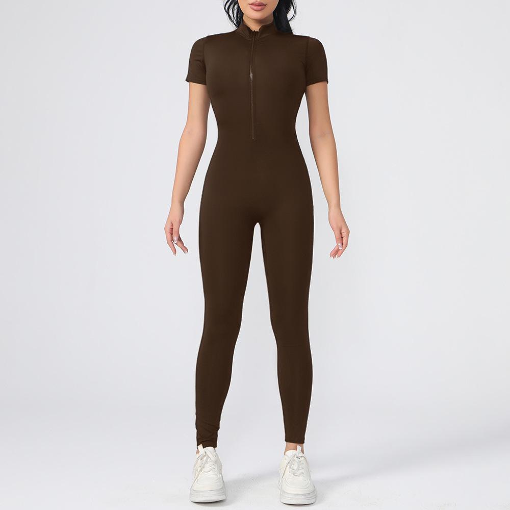 

Женский комбинезон для йоги Nude Feel на молнии - Короткий рукав, Длинные брюки, Облегающий крой для танцев и фитнеса Extra Large кофейный