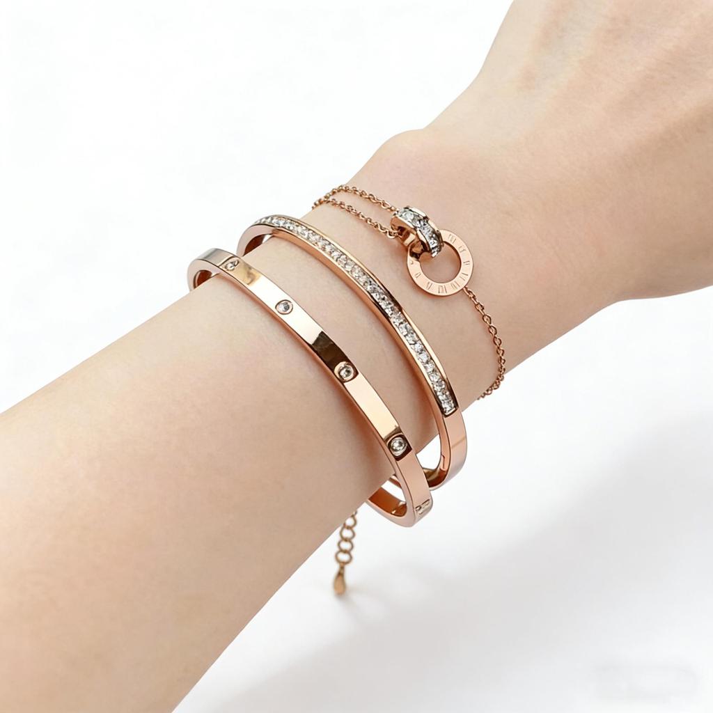 18K Gold Diamond-Inlaid Titanium Steel Bracelet, Women's Niche Luxury Design, Stainless Steel Hollow Letter Style.