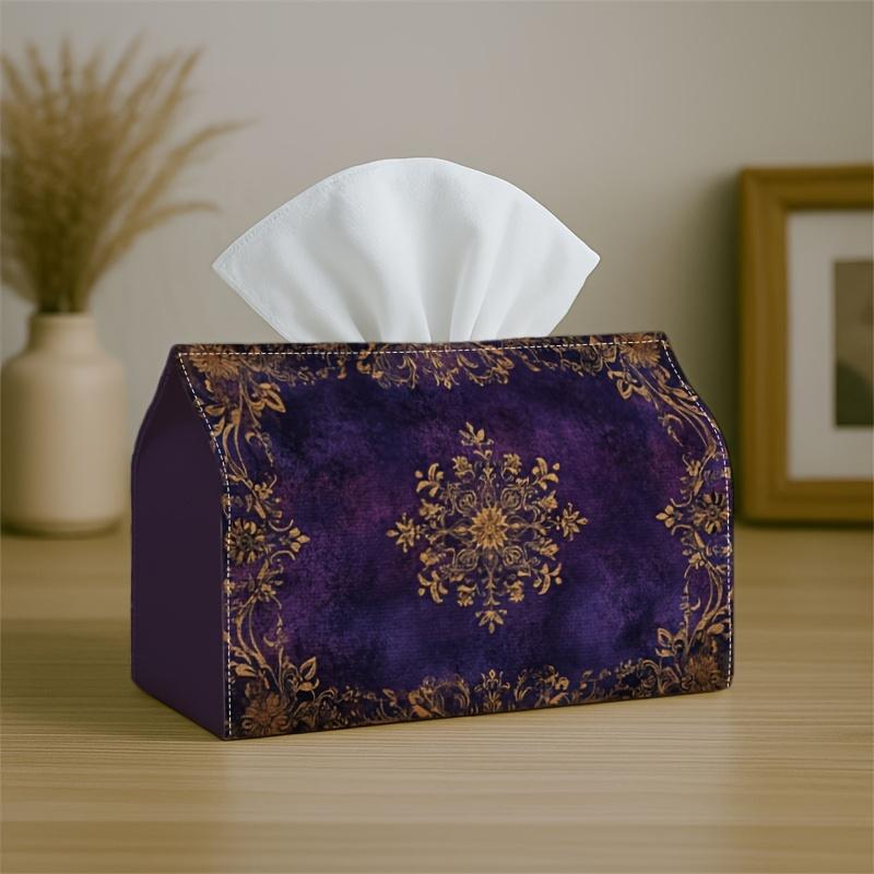 1pc Vintage Ornate Classic Tissue Box with Floral Motif Purple Golden- Napkin Storage Organizer for Kitchen,Car,Elegant Decorative Box,Purpose for Liv