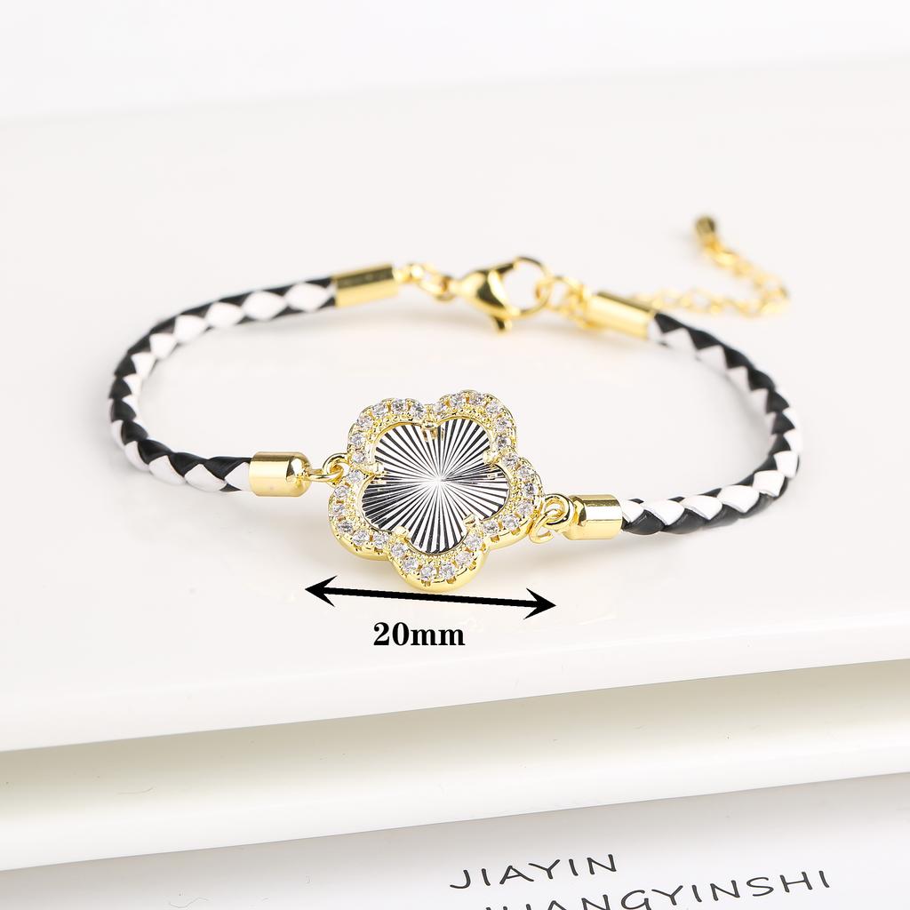 Klassisches geflochtenes Armband mit Charms aus echtem Leder und Naturstein, fünfblättrige Blume, für Damen Mädchen, Party, Hochzeit, Schmuck, Geschenk
