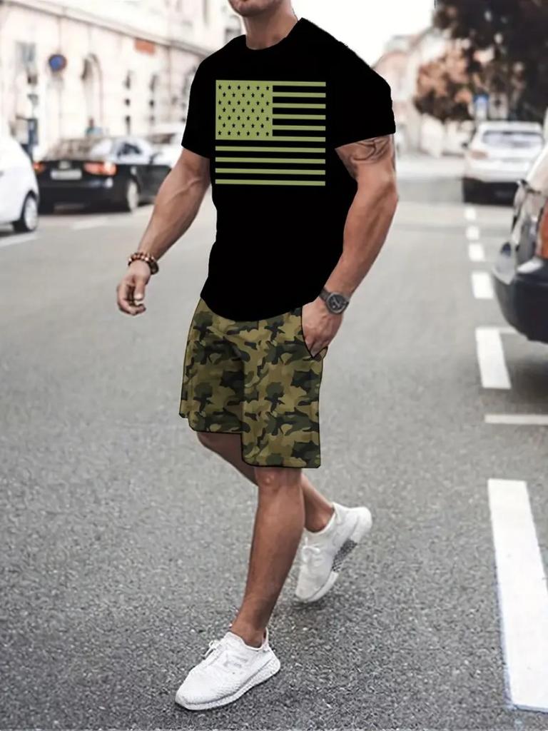 Summer 2 Piece Outfit Male 3D Color Block Print Short Sleeve T-Shirt ShortsSets Outdoor Men's Clothing Tracksuit