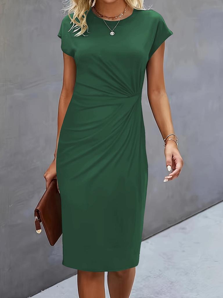 Women's Casual Bodycon Midi Dress with Front Knot and Round Neck