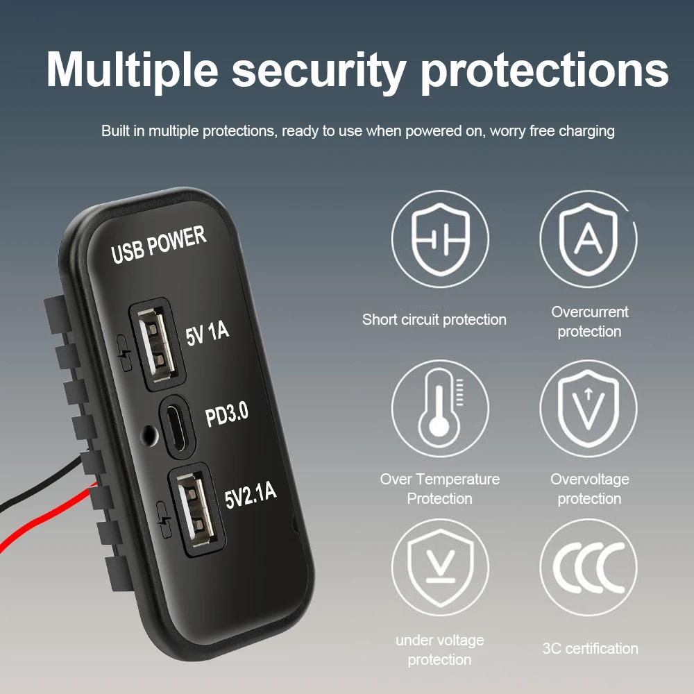 12V USB Outlet, PD3.0 Type C Port, QC3.0 & 2.4A USB A Charger 3 Ports Fast Charging Socket Panel for Car Motorcycle Marine Truck