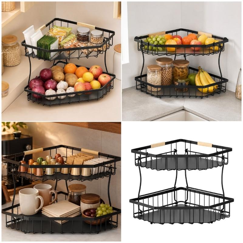 Space Saving 2 Level Fruit Basket for Kitchen Counter, Carbon Steel Produce Holder with Open Access for Vegetables, Bread and Daily Foods