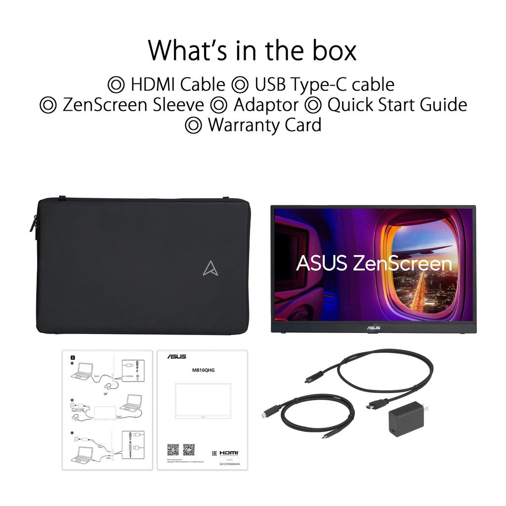 ASUS Portable Monitor ZenScreen MB16QHG 16 inch 120Hz 400 Tripod Socket USB HDMI FSC Mix Certified Tripod Socket Blue Light Reduction Flicker Free