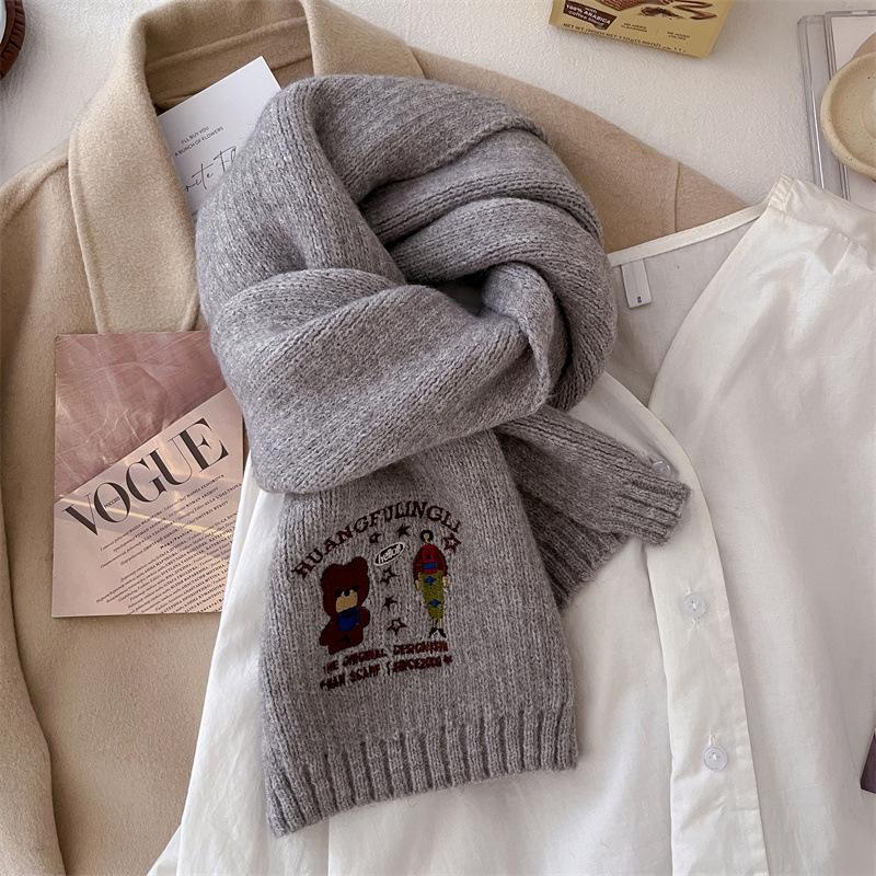 A New High End Women's Winter Scarf with Bear Embroidery  Thick and Warm Cold Proof Knitted Woolen Scarf Shawl
