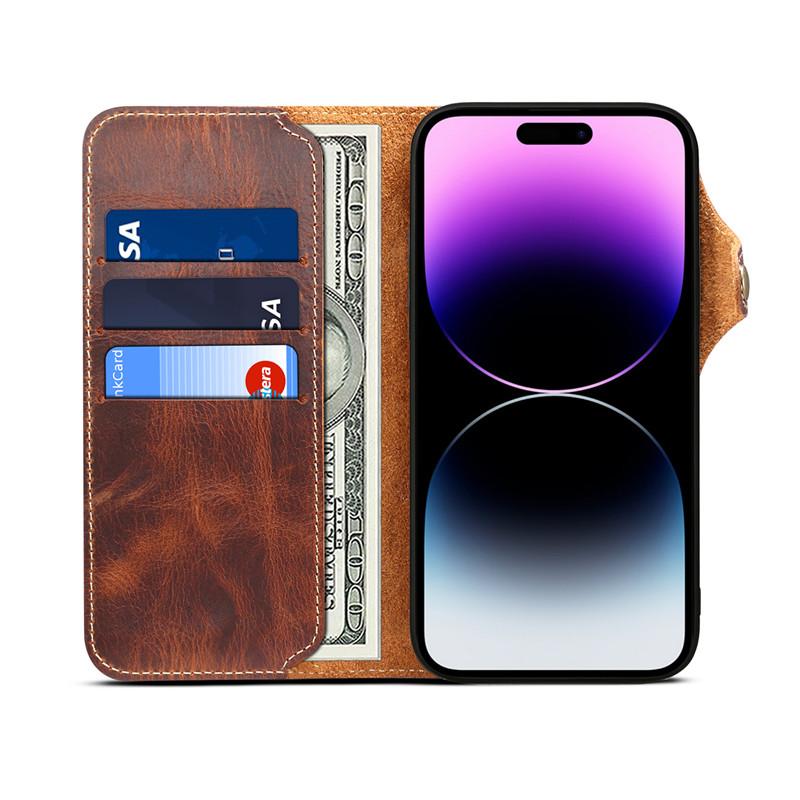 Genuine Leather Wallet Phone Case for IPhone 14 15 Plus 12 13 Pro Max 11 XS XR 6S 7 8 SE Holder Cover with Hand Strap
