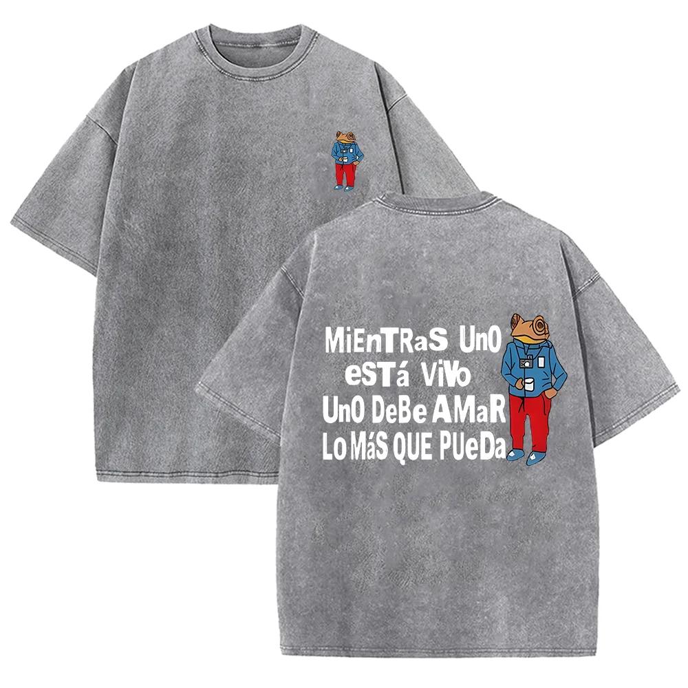 2026 Spanish Quote Cool Frog With Camera Graphic Vintage Washed T Shirt Latin Music Lover Casual Oversized Short Sleeve Streetwe