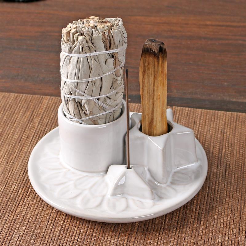 Ceramic 4-in-1 Palo Santo & Incense Burner Sage Holder Ash Catcher Tray for Meditation and Yoga Room Decor