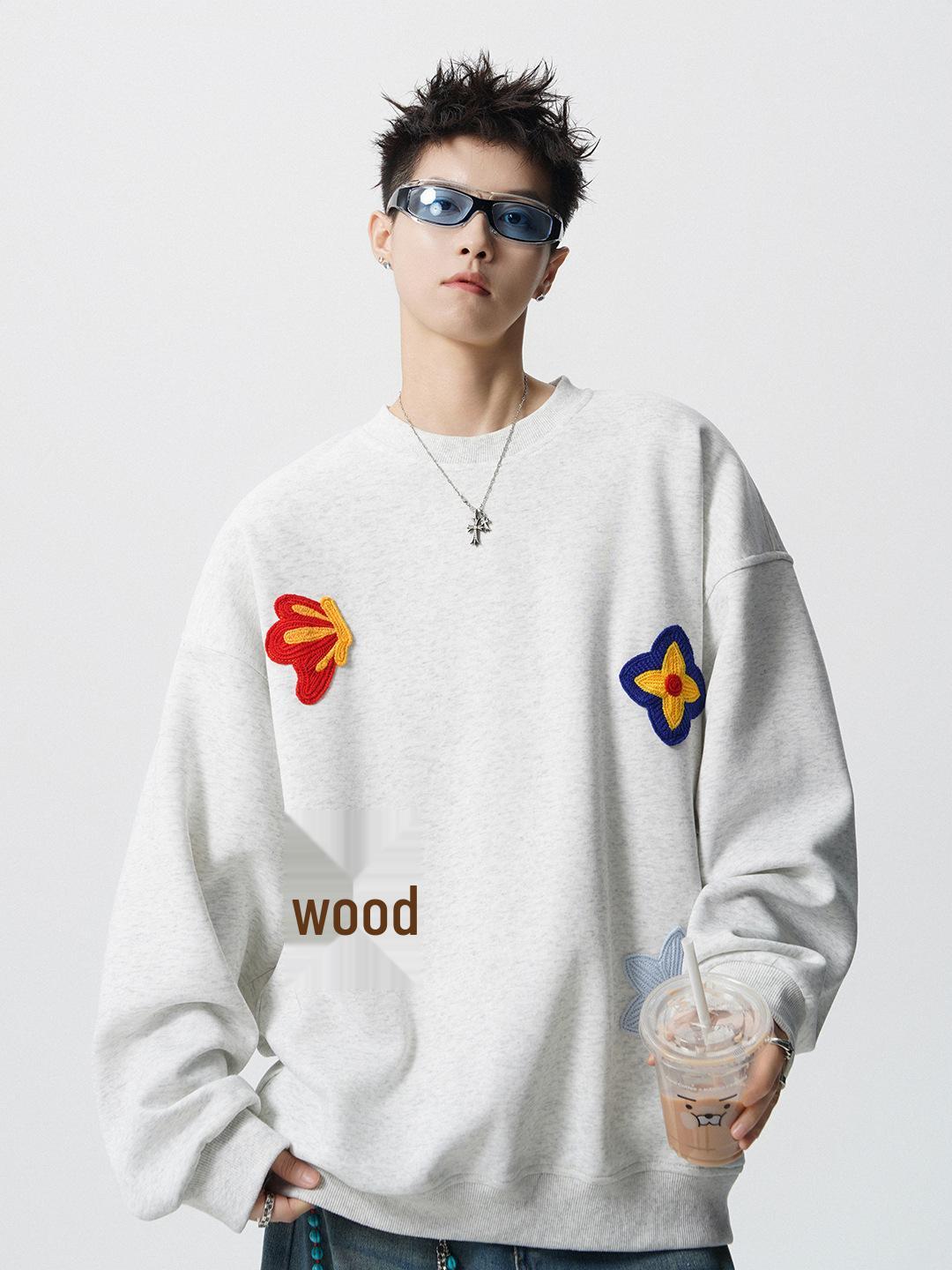 Unisex Floral Embroidery Crewneck Sweatshirt - Heavyweight, Velvet-Lined, Loose Fit, Trendy Autumn Wear L