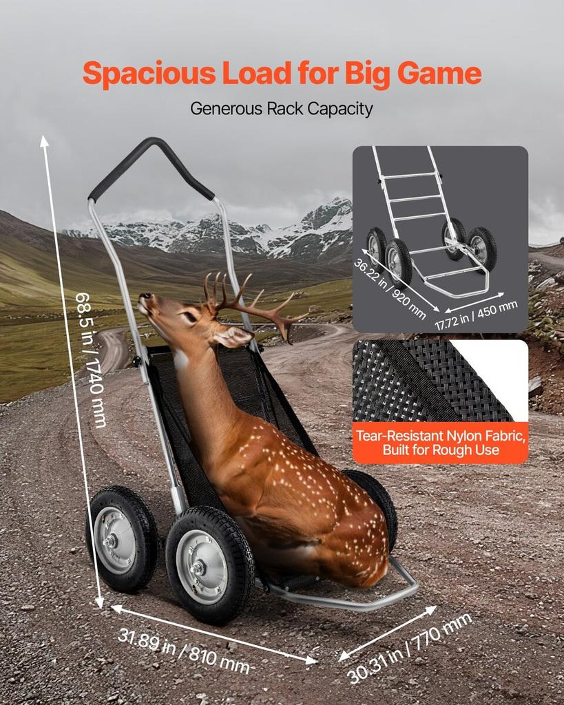 Game Carts for Hunting, 500LBS Deer Cart Game Hauler, Heavy-Duty Crawler Cart, All-Terrain Folding Deer Hauling Cart with Shock-Absorbing Tires,
