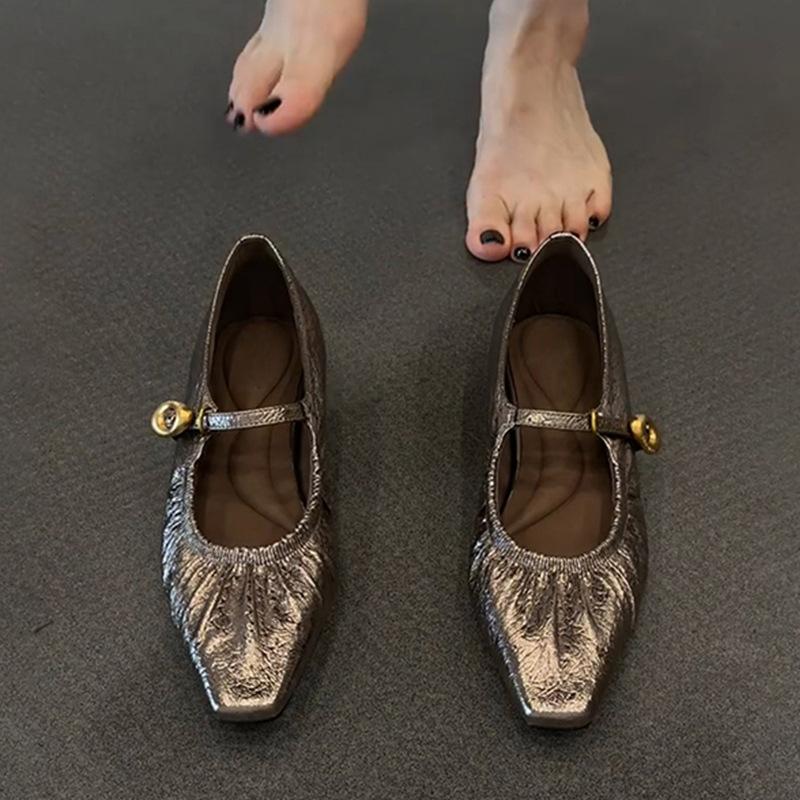 Cowhide version~ French Xiaoxiangfeng retro square head pleated one-word buckle with Mary Jane shoes women's shallow commuting shoes