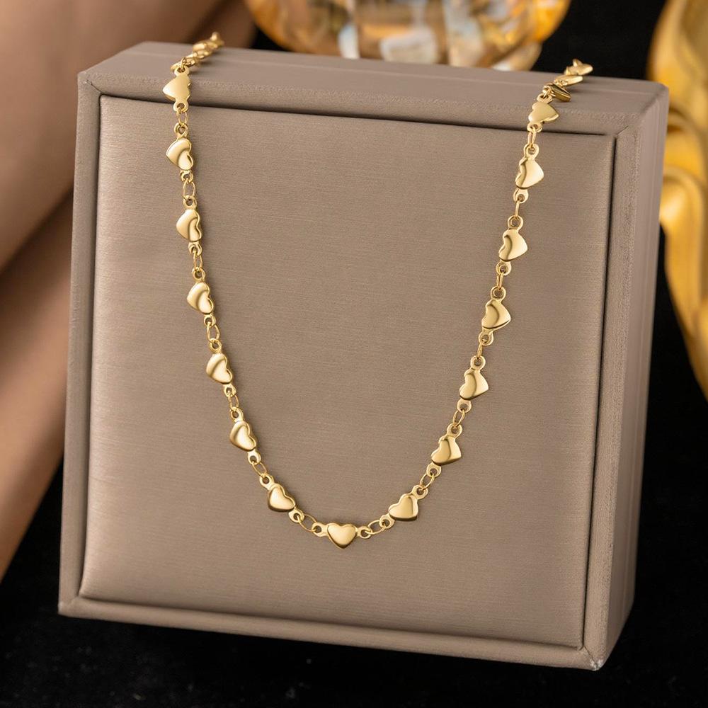 French Titanium Steel Heart Choker Necklace And Bracelet Set Sweet Peach Heart Tassel Design Women Jewelry