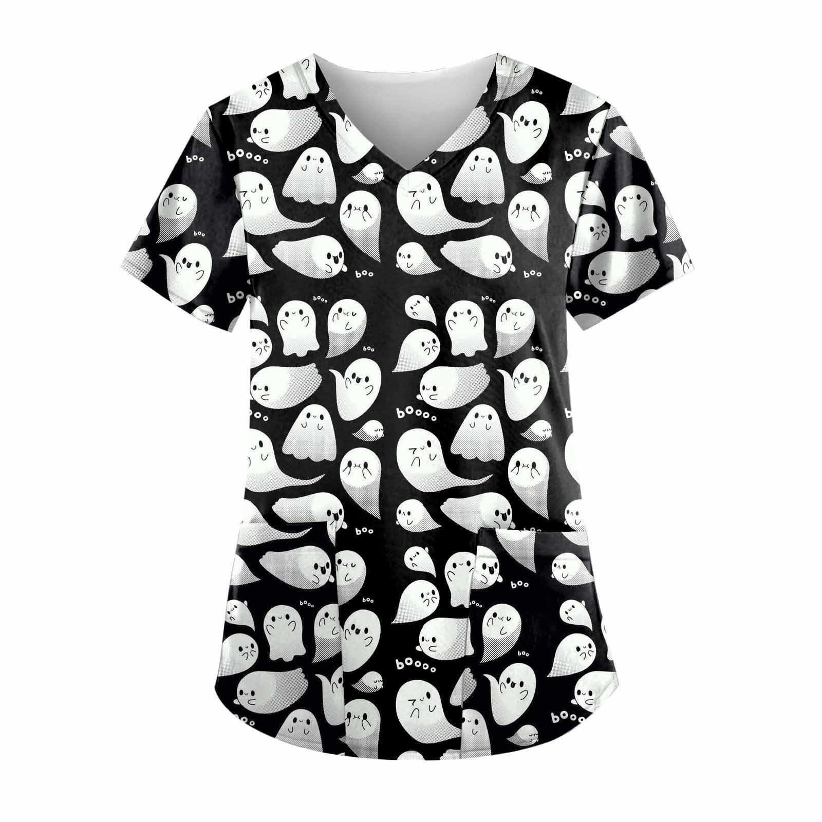 

Жіночі топи з коротким рукавом і V-подібним вирізом з принтом на Хелловін Робоча уніформа з кишенями XXXXXL